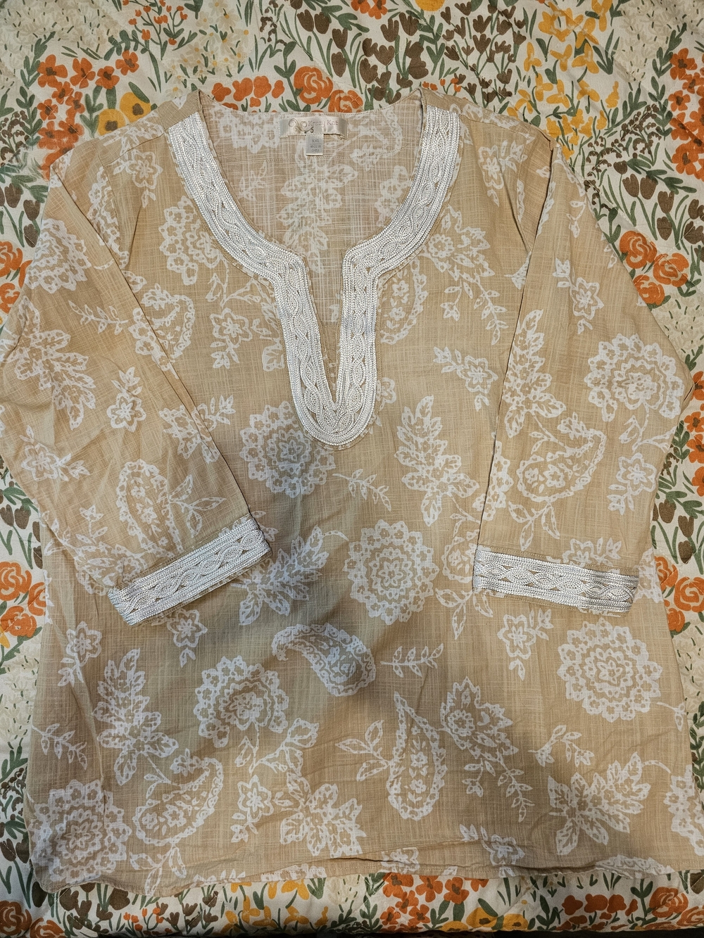 Krazy Kat Beige Floral Tunic Top with White Embroidery
